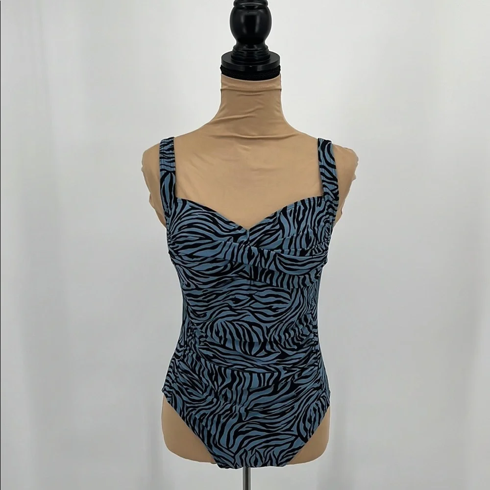 Bond eye Australia blue zebra print ruched one piece summer beach swimsuit sz 8 - Picture 1 of 7